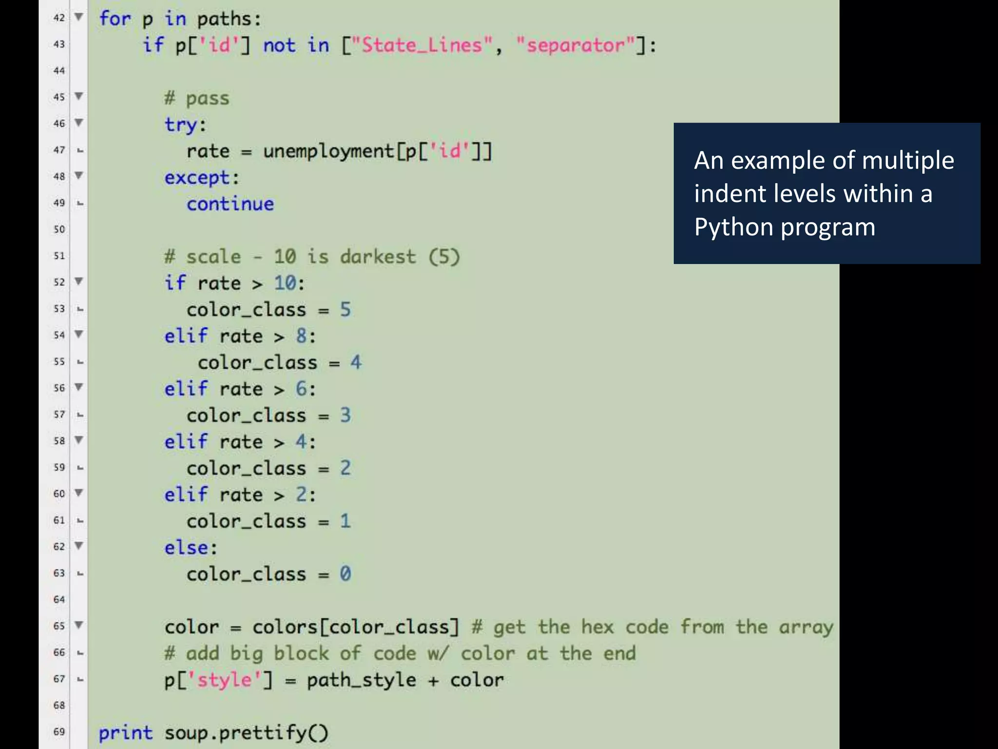 An example of multiple
indent levels within a
Python program
 