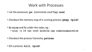 Work with Processes
• List the processes: ps (commonly used flags: aux)
• Checkout the memory map of a running process: pmap <pid>
• Be nice and fly under the radar, eg.:
• nice -n 19 tar cvzf archive.tgz somelargearchive
• Checkout the process hierarchy: pstree
• Kill a process: kill <pid>
11
 