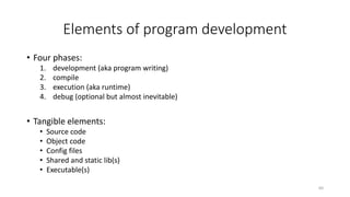 Elements of program development
• Four phases:
1. development (aka program writing)
2. compile
3. execution (aka runtime)
4. debug (optional but almost inevitable)
• Tangible elements:
• Source code
• Object code
• Config files
• Shared and static lib(s)
• Executable(s)
60
 
