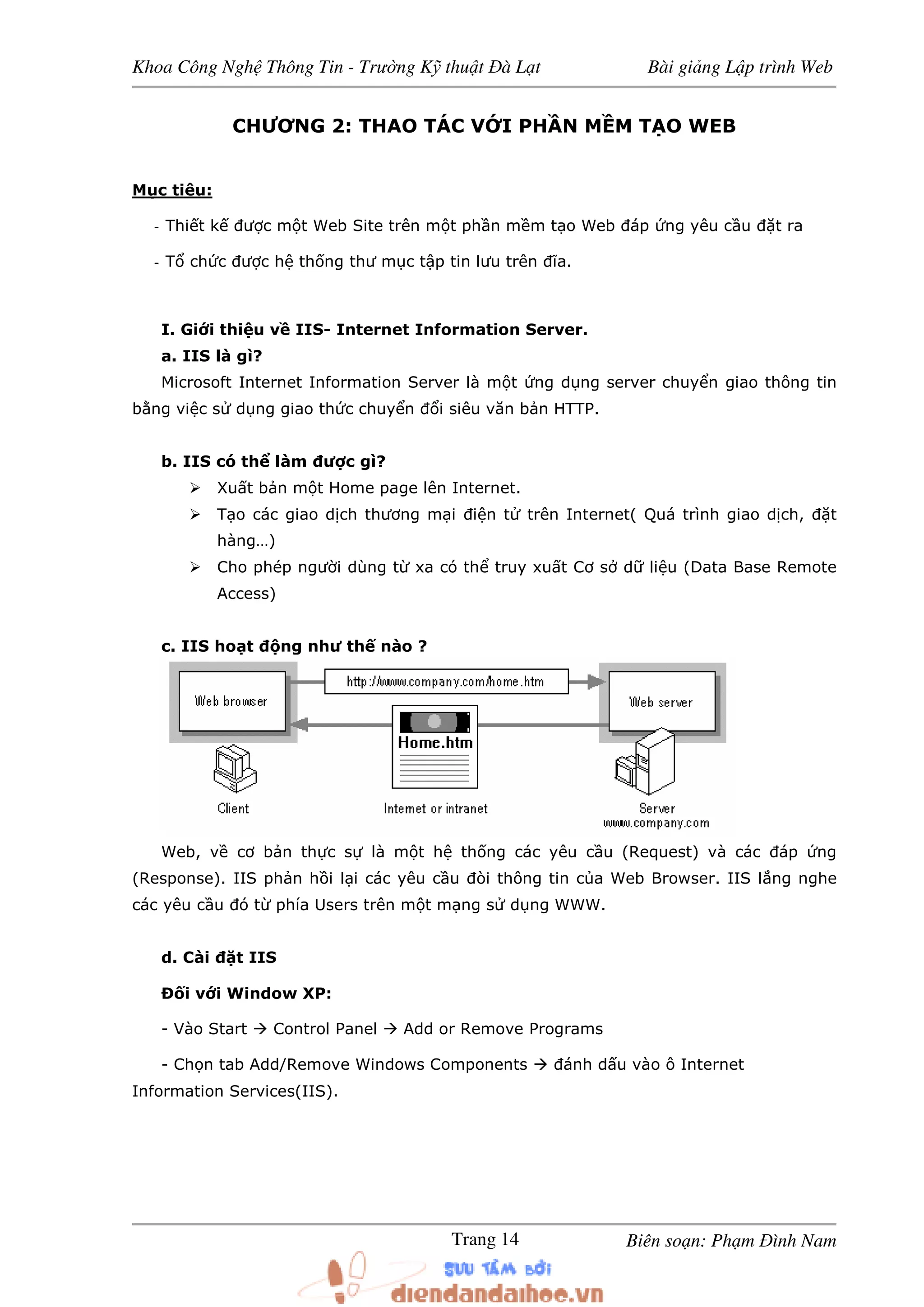 Khoa Công Ngh Thông Tin - Trư ng K thu t à L t Bài gi ng L p trình Web
Biên so n: Ph m ình NamTrang 14
CHƯƠNG 2: THAO TÁC V I PH N M M T O WEB
M c tiêu:
- Thi t k ư c m t Web Site trên m t ph n m m t o Web áp ng yêu c u t ra
- T ch c ư c h th ng thư m c t p tin lưu trên ĩa.
I. Gi i thi u v IIS- Internet Information Server.
a. IIS là gì?
Microsoft Internet Information Server là m t ng d ng server chuy n giao thông tin
b ng vi c s d ng giao th c chuy n i siêu văn b n HTTP.
b. IIS có th làm ư c gì?
Xu t b n m t Home page lên Internet.
T o các giao d ch thương m i i n t trên Internet( Quá trình giao d ch, t
hàng…)
Cho phép ngư i dùng t xa có th truy xu t Cơ s d li u (Data Base Remote
Access)
c. IIS ho t ng như th nào ?
Web, v cơ b n th c s là m t h th ng các yêu c u (Request) và các áp ng
(Response). IIS ph n h i l i các yêu c u òi thông tin c a Web Browser. IIS l ng nghe
các yêu c u ó t phía Users trên m t m ng s d ng WWW.
d. Cài t IIS
i v i Window XP:
- Vào Start Control Panel Add or Remove Programs
- Ch n tab Add/Remove Windows Components ánh d u vào ô Internet
Information Services(IIS).
 