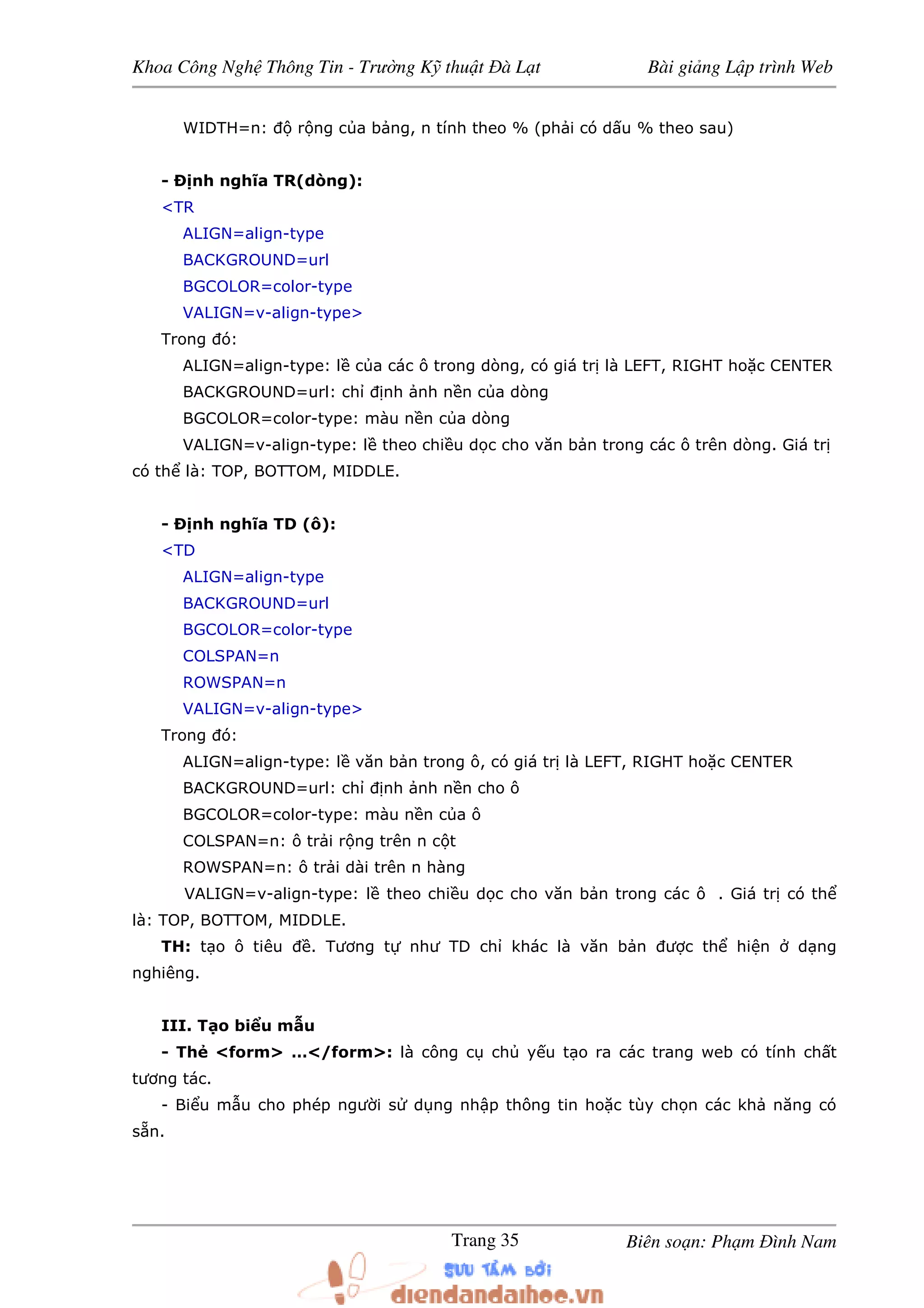 Khoa Công Ngh Thông Tin - Trư ng K thu t à L t Bài gi ng L p trình Web
Biên so n: Ph m ình NamTrang 35
WIDTH=n: r ng c a b ng, n tính theo % (ph i có d u % theo sau)
- Ð nh nghĩa TR(dòng):
<TR
ALIGN=align-type
BACKGROUND=url
BGCOLOR=color-type
VALIGN=v-align-type>
Trong ó:
ALIGN=align-type: l c a các ô trong dòng, có giá tr là LEFT, RIGHT ho c CENTER
BACKGROUND=url: ch nh nh n n c a dòng
BGCOLOR=color-type: màu n n c a dòng
VALIGN=v-align-type: l theo chi u d c cho văn b n trong các ô trên dòng. Giá tr
có th là: TOP, BOTTOM, MIDDLE.
- Ð nh nghĩa TD (ô):
<TD
ALIGN=align-type
BACKGROUND=url
BGCOLOR=color-type
COLSPAN=n
ROWSPAN=n
VALIGN=v-align-type>
Trong ó:
ALIGN=align-type: l văn b n trong ô, có giá tr là LEFT, RIGHT ho c CENTER
BACKGROUND=url: ch nh nh n n cho ô
BGCOLOR=color-type: màu n n c a ô
COLSPAN=n: ô tr i r ng trên n c t
ROWSPAN=n: ô tr i dài trên n hàng
VALIGN=v-align-type: l theo chi u d c cho văn b n trong các ô . Giá tr có th
là: TOP, BOTTOM, MIDDLE.
TH: t o ô tiêu . Tương t như TD ch khác là văn b n ư c th hi n d ng
nghiêng.
III. T o bi u m u
- Th <form> …</form>: là công c ch y u t o ra các trang web có tính ch t
tương tác.
- Bi u m u cho phép ngư i s d ng nh p thông tin ho c tùy ch n các kh năng có
s n.
 