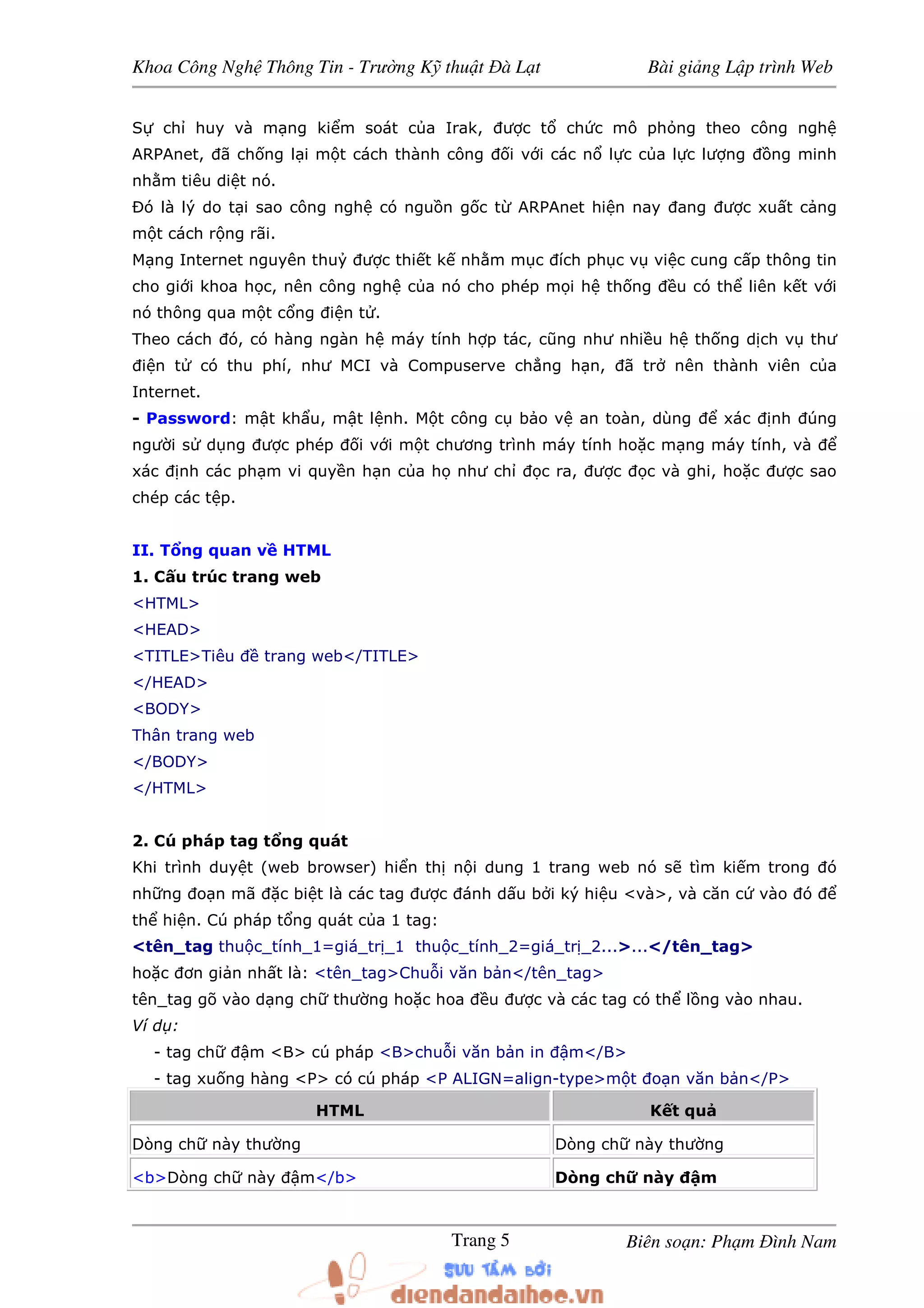 Khoa Công Ngh Thông Tin - Trư ng K thu t à L t Bài gi ng L p trình Web
Biên so n: Ph m ình NamTrang 5
S ch huy và m ng ki m soát c a Irak, ư c t ch c mô ph ng theo công ngh
ARPAnet, ã ch ng l i m t cách thành công i v i các n l c c a l c lư ng ng minh
nh m tiêu di t nó.
Ðó là lý do t i sao công ngh có ngu n g c t ARPAnet hi n nay ang ư c xu t c ng
m t cách r ng rãi.
M ng Internet nguyên thu ư c thi t k nh m m c ích ph c v vi c cung c p thông tin
cho gi i khoa h c, nên công ngh c a nó cho phép m i h th ng u có th liên k t v i
nó thông qua m t c ng i n t .
Theo cách ó, có hàng ngàn h máy tính h p tác, cũng như nhi u h th ng d ch v thư
i n t có thu phí, như MCI và Compuserve ch ng h n, ã tr nên thành viên c a
Internet.
- Password: m t kh u, m t l nh. M t công c b o v an toàn, dùng xác nh úng
ngư i s d ng ư c phép i v i m t chương trình máy tính ho c m ng máy tính, và
xác nh các ph m vi quy n h n c a h như ch c ra, ư c c và ghi, ho c ư c sao
chép các t p.
II. T ng quan v HTML
1. C u trúc trang web
<HTML>
<HEAD>
<TITLE>Tiêu trang web</TITLE>
</HEAD>
<BODY>
Thân trang web
</BODY>
</HTML>
2. Cú pháp tag t ng quát
Khi trình duy t (web browser) hi n th n i dung 1 trang web nó s tìm ki m trong ó
nh ng o n mã c bi t là các tag ư c ánh d u b i ký hi u <và>, và căn c vào ó
th hi n. Cú pháp t ng quát c a 1 tag:
<tên_tag thu c_tính_1=giá_tr _1 thu c_tính_2=giá_tr _2...>...</tên_tag>
ho c ơn gi n nh t là: <tên_tag>Chu i văn b n</tên_tag>
tên_tag gõ vào d ng ch thư ng ho c hoa u ư c và các tag có th l ng vào nhau.
Ví d :
- tag ch m <B> cú pháp <B>chu i văn b n in m</B>
- tag xu ng hàng <P> có cú pháp <P ALIGN=align-type>m t o n văn b n</P>
HTML K t qu
Dòng ch này thư ng Dòng ch này thư ng
<b>Dòng ch này m</b> Dòng ch này m
 