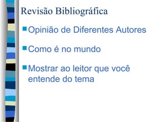 Revisão Bibliográfica
 Opinião   de Diferentes Autores

 Como   é no mundo

 Mostrar
        ao leitor que você
 entende do tema
 