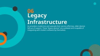 Legacy
Infrastructure
As providers modernize and upgrade their service offerings, older devices
fall out of support. These “legacy devices” are outdated and incapable of
integrating with modern software by themselves
06
 