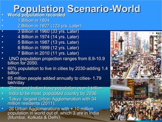 Population Scenario-WorldPopulation Scenario-World• World population recorded:World population recorded:
• 1 Billion in 18041 Billion in 1804
• 2 Billion in 1927 (123 yrs. Later)2 Billion in 1927 (123 yrs. Later)
• 3 Billion in 1960 (33 yrs. Later)3 Billion in 1960 (33 yrs. Later)
• 4 Billion in 1974 (14 yrs. Later)4 Billion in 1974 (14 yrs. Later)
• 5 Billion in 1987 (13 yrs. Later)5 Billion in 1987 (13 yrs. Later)
• 6 Billion in 1999 (12 yrs. Later)6 Billion in 1999 (12 yrs. Later)
• 7 Billion in 2010 (11 yrs. Later)7 Billion in 2010 (11 yrs. Later)
• UNO population projection ranges from 8.9-10.9UNO population projection ranges from 8.9-10.9
billion for 2050.billion for 2050.
• 60% population to live in cities by 2030-adding 1.460% population to live in cities by 2030-adding 1.4
billionbillion
• 65 million people added annually to cities- 1.7965 million people added annually to cities- 1.79
lakh/daylakh/day
• China and Indian have population over 1 billionChina and Indian have population over 1 billion
• India to be most populated country by 2036.India to be most populated country by 2036.
• Tokyo largest Urban Agglomeration with 34Tokyo largest Urban Agglomeration with 34
million residents (2011).million residents (2011).
• 26 Urban Agglomerations with + 10 million26 Urban Agglomerations with + 10 million
population in world out of which 3 are in Indiapopulation in world out of which 3 are in India
(Mumbai, Kolkata & Delhi).(Mumbai, Kolkata & Delhi).
 