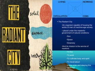 COBS
WORKINGLIVING
CIRCULATION
• The Radiant City
•An organism capable of housing the
works of man of machine-age society.
• placed under the masterful
government of natural conditions:
•Sun
•Space
•Greenery
•And its mission is the service of
mankind:
•To live
•To work
•To cultivate body and spirit
•To travel about
(in this order and obeying this
hierarchy)
 