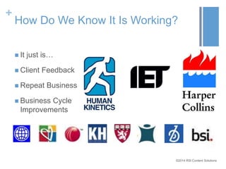 + 
How Do We Know It Is Working? 
©2014 RSI Content Solutions 
 It just is… 
 Client Feedback 
 Repeat Business 
 Business Cycle 
Improvements 
 