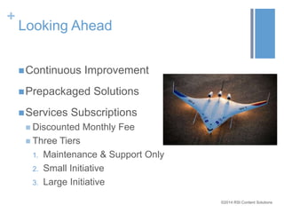 ©2014 RSI Content Solutions 
+ 
Looking Ahead 
Continuous Improvement 
Prepackaged Solutions 
Services Subscriptions 
 Discounted Monthly Fee 
 Three Tiers 
1. Maintenance & Support Only 
2. Small Initiative 
3. Large Initiative 
 