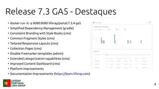 6
Release 7.3 GA5 - Destaques
●
docker run -it -p 8080:8080 liferay/portal:7.3.4-ga5
●
Simplified Dependency Management (gradle)
●
Consistent Branding with Style Books (cms)
●
Common Fragment Styles (cms)
●
Tailored Responsive Layouts (cms)
●
Collection Pages (cms)
●
Disable freemarker templates (admin)
●
Extended categorization capabilities (cms)
●
Improved Content Dashboard (cms)
●
Platform Improvements
●
Documentation Improvements (https://learn.liferay.com)
 