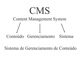 CMS
Content Management System
Conteúdo Gerenciamento Sistema
Sistema de Gerenciamento de Conteúdo
 