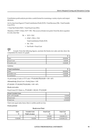 Unit 6: Marginal Costing and Absorption Costing
Notes
LOVELY PROFESSIONAL UNIVERSITY 99
Contribution proﬁt analysis provides a useful format for examining a variety of price and output
decisions.
As it is clear from Figure 6.7 Total Contribution Proﬁt (TCP) = Total Revenue (TR) – Total Variable
Cost (TVC)
= Total Net Proﬁt (TNP) + Total Fixed Cost (TFC)
Therefore, if TNP = 0 then, TCP = TFC. This occurs at break even point. From the above equation
it is also clear that
TR = TCP + TVC
= (TNP + TFC) + TVC
Total Contribution Proﬁt (TCP)
= TR – TVC
= Net Proﬁt + Fixed Cost
Example: From the following ﬁgures, ascertain the break-even sales and also show the
computation by means of a graph.
`
Sales 20,00,000
Fixed Costs 5,00,000
Variable costs 12,00,000
Solution:
Total Contribution: `
Sales 20,00,000
Variable Cost 12,00,000
Contribution 8,00,000
As percentage of sales or P/V ratio = ` 8,00,000/`20,00,000 × 100 = 40%
Alternatively: (Fixed Cost + Proﬁt)/Sales × 100
(` 5,00,000 + ` 3,00,000/` 20,00,000) × 100 = 40%
Break-even sales:
Fixed Costs/P/V Ratio i.e., ` 5,00,000 × 100/40 = ` 12,50,000
Proof: Variable Costs:
60% of ` 12,50,000 7,50,000
Fixed Costs 5,00,000
Total Cost 12,50,000
Total costs equal sales; hence there is neither proﬁt nor loss.
Points plotted:
Break-even Chart
Sales Variable Costs Fixed Costs Total Cost
` ` (60% of sales) ` `
0 0 5,00,000 5,00,000 (C1)
15,00,000 9,00,000 5,00,000 14,00,000 (C2)
 