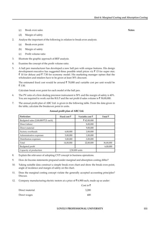 Unit 6: Marginal Costing and Absorption Costing
Notes
LOVELY PROFESSIONAL UNIVERSITY 111
(c) Break even sales
(d) Margin of safety
2. Analyse the important of the following in relation to break-even analysis:
(a) Break-even point
(b) Margin of safety
(c) Proﬁt volume ratio
3. Illustrate the graphic approach of BEP analysis.
4. Examine the concept of the proﬁt volume ratio.
5. A ball pen manufacturer has developed a new ball pen with unique features. His design
development executive has suggested three possible retail prices viz ` 15 for super star;
` 10 for deluxe and ` 7.50 for economy model. His marketing manager opines that the
wholesalers and retailers have to be given at least 30% discount.
The estimated ﬁxed cost would be around ` 70,000 and variable cost per unit would be
` 3.50.
Calculate break even point for each model of the ball pen.
6. The PV ratio of a ﬁrm dealing precision instrument is 50% and the margin of safety is 40%.
You are required to work out the B.E.P and the net proﬁt if sales volume is ` 50,00,000.
7. The annual proﬁt plan of ABC Ltd. is given in the following table. From the data given in
the table, calculate the breakeven point in units.
Annual proﬁt plan of ABC Ltd.
Particulars Fixed cost ` Variable cost ` Total `
Budgeted sales (2,00,000 ` 21 each) . ` 42,00,000
Direct labour 8,00,000
Direct material 9,00,000
Factory overheads 6,00,000 2,00,000
Administrative expenses 5,00,000 1,00,000
Distribution expenses 3,00,000 2,00,000
Total 14,00,000 22,00,000 36,00,000
Budgeted proﬁt 6,00,000
Capacity of production 2,50,000 units
8. Explain the relevance of adopting CVP concept in business operations.
9. How do Income statements prepared under marginal and absorption costing differ?
10. Taking suitable data construct a simple break even chart and show the break even point,
angle of incidence and margin of safety on the chart.
11. Does the marginal costing concept violate the generally accepted accounting principles?
Discuss.
12. Company manufacturing electric motors at a price of ` 6,900 each, made up as under:
Cost in `
Direct material 3,200
Direct wages 400
 