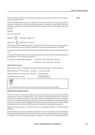 Unit 7: Variance Analysis
Notes
LOVELY PROFESSIONAL UNIVERSITY 121
Due to shortage of material, it was decided to reduce the consumption of A by 15% and increase
that of material B by 30%.
The above problem does not have any difference in between the total actual quantity and standard
quantity of materials. In both the cases the total quantity of materials are equivalent to 300 units.
If both are equivalent to each other, the standard mix would be the revised standard mix of the
materials.
Solution:
Revised Standard Mix:
Material A
200
300
= × 300 Units = 200 units
Material B =
100
300
× 300 Units = 100 units
Afterﬁndingouttherevisedstandardmixofthematerials,thechangesontheconsumptionshould
be incorporated due to the shortage of materials to the tune of actual quantity of materials.
For material A, there is reduction in the actual consumption in the quantity of materials amounted
15%.
For material B, there is spurt increase in the consumption of material B due to ﬁll up the shortage
of material A i.e 30% increase on material B.
Final Revised standard Mix of Material A : 200 units – 15% of 200 units = 170 units
B : 100 units + 30% of 100 units = 130 units
Material Mix Variance
Material Mix Variance = Standard Price (Revised Standard Quantity – Actual Quantity)
MMV Material A = ` 12 (170 units – 160 units) = ` 120 Favourable
MMV Material B = ` 10 (130 units – 140 units) = ` 100 Adverse
Total Material Mix Variance = ` 20 Favourable
Notes
The material mix variance is one of the components of material usage variance.
Material Sub-usage Variance
This is the variance in between standard quantity and revised standard quantity of materials
denominated in terms of standard price. The purpose of studying the difference in between
these two is to analyse the amount of deviation of the standard against the revised standard in
line with the actual ﬂuctuation in the quantity of materials consumption during the production
process. It is the only variance highlights the difference in between the early set standard and the
redesigned standard in terms of actual quantity of materials for meaningful comparison.
Material Sub-usage Variance = Standard Cost per unit (Standard Quantity – Revised Standard
Quantity).
If the total actual quantity of materials consumption in units is equivalent to the total standard
quantity of materials, nulliﬁes the material sub-usage variance in between the standard quantity
of materials and revised standard quantity of materials. It means that the standard quantity of
 