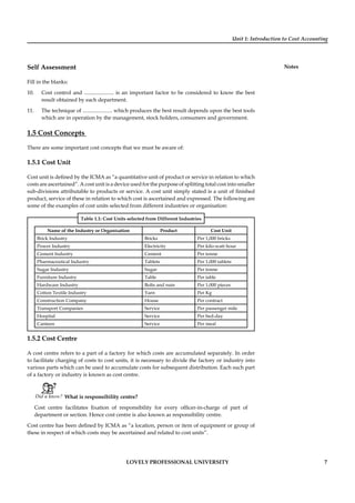 Unit 1: Introduction to Cost Accounting
Notes
LOVELY PROFESSIONAL UNIVERSITY 7
Self Assessment
Fill in the blanks:
10. Cost control and ...................... is an important factor to be considered to know the best
result obtained by each department.
11. The technique of ...................... which produces the best result depends upon the best tools
which are in operation by the management, stock holders, consumers and government.
1.5 Cost Concepts
There are some important cost concepts that we must be aware of:
1.5.1 Cost Unit
Cost unit is deﬁned by the ICMA as “a quantitative unit of product or service in relation to which
costs are ascertained”. A cost unit is a device used for the purpose of splitting total cost into smaller
sub-divisions attributable to products or service. A cost unit simply stated is a unit of ﬁnished
product, service of these in relation to which cost is ascertained and expressed. The following are
some of the examples of cost units selected from different industries or organisation:
Table 1.1: Cost Units selected from Different Industries
Name of the Industry or Organisation Product Cost Unit
Brick Industry Bricks Per 1,000 bricks
Power Industry Electricity Per kilo-watt hour
Cement Industry Cement Per tonne
Pharmaceutical Industry Tablets Per 1,000 tablets
Sugar Industry Sugar Per tonne
Furniture Industry Table Per table
Hardware Industry Bolts and nuts Per 1,000 pieces
Cotton Textile Industry Yarn Per Kg
Construction Company House Per contract
Transport Companies Service Per passenger mile
Hospital Service Per bed-day
Canteen Service Per meal
1.5.2 Cost Centre
A cost centre refers to a part of a factory for which costs are accumulated separately. In order
to facilitate charging of costs to cost units, it is necessary to divide the factory or industry into
various parts which can be used to accumulate costs for subsequent distribution. Each such part
of a factory or industry is known as cost centre.
Did u know? What is responsibility centre?
Cost centre facilitates ﬁxation of responsibility for every ofﬁcer-in-charge of part of
department or section. Hence cost centre is also known as responsibility centre.
Cost centre has been deﬁned by ICMA as “a location, person or item of equipment or group of
these in respect of which costs may be ascertained and related to cost units”.
 
