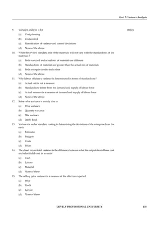 Unit 7: Variance Analysis
Notes
LOVELY PROFESSIONAL UNIVERSITY 135
9. Variance analysis is for
(a) Cost planning
(b) Cost control
(c) Identiﬁcation of variance and control deviations
(d) None of the above
10. When the revised standard mix of the materials will not vary with the standard mix of the
materials ?
(a) Both standard and actual mix of materials are different
(b) Standard mix of materials are greater than the actual mix of materials
(c) Both are equivalent to each other
(d) None of the above
11. Why labour efﬁciency variance is denominated in terms of standard rate?
(a) Actual rate is not a measure
(b) Standard rate is free from the demand and supply of labour force
(c) Actual measure is a measure of demand and supply of labour force
(d) None of the above
12. Sales value variance is mainly due to
(a) Price variance
(b) Quantity variance
(c) Mix variance
(d) (a) (b) & (c)
13. Variance is tool of standard costing in determining the deviations of the enterprise from the
early
(a) Estimates
(b) Budgets
(c) Costs
(d) Prices
14. The direct labour total variance is the difference between what the output should have cost
and what it did cost, in terms of
(a) Cash
(b) Labour
(c) Material
(d) None of these
15. The selling price variance is a measure of the effect on expected
(a) Price
(b) Proﬁt
(c) Labour
(d) None of these
 
