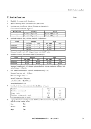 Unit 7: Variance Analysis
Notes
LOVELY PROFESSIONAL UNIVERSITY 137
7.5 Review Questions
1. Elucidate the various kinds of variances.
2. Write elaborately on the cost variance and their causes.
3. From the data given below, ﬁnd out the material mix variance.
Consumption of 100 units of product.
Raw Material Standard Actual
A 40 units @ ` 50 per unit 50 units @ ` 50 per unit
B 60 units @ ` 40 per unit 60 units @ ` 45 per unit
4. From the following data, calculate materials yield variance.
Actual Standard Actual
Qty in Kg Price Qty in Kg Price
Material A 200 units ` 12 160 units ` 13
Material B 100 units ` 10 140 units ` 10
300 units 300 units
Standard loss allowed is 10% of input. Actual output is 275 units.
5. From the following, ﬁnd out the material yield variance.
Actual Standard Actual
Qty in Kg Price Qty in Kg Price
Material A 60 units ` 3,000 300 units ` 15,300
Material B 40 units ` 1,200 200 units ` 5,600
Standard loss allowed is 10% of input and standard rate of scrap realization is ` 6 per unit.
Actual output is 440 units.
6. Find out the various labour variances from the following data:
Standard hours per unit = 20 Hours
Standard rate per unit = ` 5
Actual Production = 1000 units
Actual time taken = 20,400 Hours
Actual Rate paid = ` 4.80
7. From the following information calculate the labour variances:
Standard Actual
Number of men employed 100 90
Output in units 2,500 2,400
Number of working days in a month 20 18
Average wages per man per month ` 200 ` 198
8. A gang of workers normally consists of 30 men, 15 women and 10 boys. They are paid at
standard hourly rates as under:
Men ` 80
Women ` 60
Boys ` 40
 