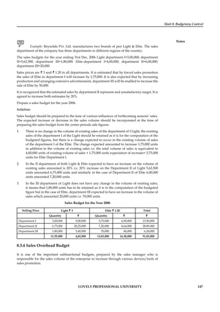 Unit 8: Budgetary Control
Notes
LOVELY PROFESSIONAL UNIVERSITY 147
Example: Reynolds Pvt. Ltd. manufactures two brands of pen Light & Elite. The sales
department of the company has three departments in different regions of the country.
The sales budgets for the year ending 31st Dec, 2006 Light department I=3,00,000; department
II=5,62,500; department III=1,80,000: Elite–department I=4,00,000; department II=6,00,000;
department III=20,000.
Sales prices are ` 3 and ` 1.20 in all departments. It is estimated that by forced sales promotion
the sales of Elite in department I will increase by 1,75,000. It is also expected that by increasing
production and arranging extensive advertisement, department III will be enabled to increase the
sale of Elite by 50,000.
It is recognized that the estimated sales by department II represent and unsatisfactory target. It is
agreed to increase both estimates by 20%.
Prepare a sales budget for the year 2006.
Solution:
Sales budget should be prepared to the tune of various inﬂuences of forthcoming seasons’ sales.
The expected increase or decrease in the sales volume should be incorporated at the time of
preparing the sales budget from the yester periods sale ﬁgures.
1. There is no change in the volume of existing sales of the department of I Light; the existing
sales of the department I of the Light should be retained as it is for the computation of the
budgeted ﬁgures, but there is a change expected to occur in the existing volume of sales
of the department I of the Elite. The change expected amounted to increase 1,75,000 units
in addition to the volume of existing sales i.e. the total volume of sales is equivalent to
4,00,000 units of existing volume of sales + 1,75,000 units expectation of increase= 5,75,000
units for Elite Department I.
2. In the II department of both Light & Elite expected to have an increase on the volume of
existing sales amounted is 20% i.e. 20% increase on the Department II of Light 5,62,500
units amounted 6,75,000 units and similarly in the case of Department II of Elite 6,00,000
units amounted 7,20,000 units.
3. In the III department of Light does not have any change in the volume of existing sales,
it means that 1,80,000 units has to be retained as it is in the computation of the budgeted
ﬁgure but in the case of Elite, department III expected to have an increase in the volume of
sales which amounted 20,000 units i.e. 70,000 units.
Sales Budget for the Year 2006
Selling Price Light `` 3 Elite `` 1.20 Total
Quantity ` Quantity ` `
Department I 3,00,000 9,00,000 5,75,000 6,90,000 15,90,000
Department II 6,75,000 20,25,000 7,20,000 8,64,000 28,89,000
Department III 1,80,000 5,40,000 70,000 84,000 6,24,000
11,55,000 4,65,000 13,65,000 16,38,000 51,03,000
8.3.4 Sales Overhead Budget
It is one of the important subfunctional budgets, prepared by the sales manager who is
responsible for the sales volume of the enterprise to increase through various devices/tools of
sales promotion.
 