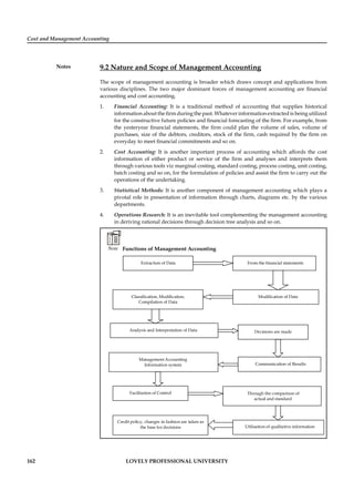 Cost and Management Accounting
Notes
162 LOVELY PROFESSIONAL UNIVERSITY
9.2 Nature and Scope of Management Accounting
The scope of management accounting is broader which draws concept and applications from
various disciplines. The two major dominant forces of management accounting are ﬁnancial
accounting and cost accounting.
1. Financial Accounting: It is a traditional method of accounting that supplies historical
information about the ﬁrm during the past. Whatever information extracted is being utilized
for the constructive future policies and ﬁnancial forecasting of the ﬁrm. For example, from
the yesteryear ﬁnancial statements, the ﬁrm could plan the volume of sales, volume of
purchases, size of the debtors, creditors, stock of the ﬁrm, cash required by the ﬁrm on
everyday to meet ﬁnancial commitments and so on.
2. Cost Accounting: It is another important process of accounting which affords the cost
information of either product or service of the ﬁrm and analyses and interprets them
through various tools viz marginal costing, standard costing, process costing, unit costing,
batch costing and so on, for the formulation of policies and assist the ﬁrm to carry out the
operations of the undertaking.
3. Statistical Methods: It is another component of management accounting which plays a
pivotal role in presentation of information through charts, diagrams etc. by the various
departments.
4. Operations Research: It is an inevitable tool complementing the management accounting
in deriving rational decisions through decision tree analysis and so on.
Functions of Management Accounting
Extraction of Data From the financial statements
Modification of DataClassification, Modification,
Compilation of Data
Analysis and Interpretation of Data Decisions are made
Communication of Results
Management Accounting
Information system
Facilitation of Control Through the comparison of
actual and standard
Utilisation of qualitative information
Credit policy, changes in fashion are taken as
the base for decisions
 