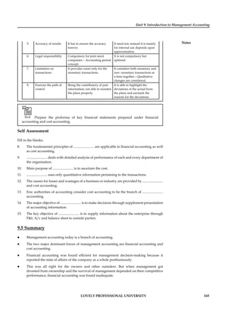 Unit 9: Introduction to Management Accounting
Notes
LOVELY PROFESSIONAL UNIVERSITY 165
5. Accuracy of results It has to ensure the accuracy
forever.
It need not, instead it is mainly
for internal use depends upon
approximation.
6. Legal responsibility Compulsory for joint stock
companies – Accounting period
concept.
It is not compulsory but
optional.
7. Limitation on
transactions
It provides room only for the
monetary transactions.
It considers both monetary and
non- monetary transactions at
a time together—Qualitative
changes are considered.
8. Exercise the path of
control
Being the contributory of past
information; not able to monitor
the plans properly.
It is able to highlight the
deviations of the actual from
the plans and earmark the
reasons for the deviations.
Task Prepare the proforma of key ﬁnancial statements prepared under ﬁnancial
accounting and cost accounting.
Self Assessment
Fill in the blanks:
8. The fundamental principles of ........................ are applicable in ﬁnancial accounting as well
as cost accounting.
9. ........................ deals with detailed analysis of performance of each and every department of
the organisation.
10. Main purpose of ........................ is to ascertain the cost.
11. ........................ uses only quantitative information pertaining to the transactions.
12. The causes for losses and wastages of a business or industry are provided by ........................
and cost accounting.
13. Few authorities of accounting consider cost accounting to be the branch of ........................
accounting.
14. The major objective of ........................ is to make decisions through supplement presentation
of accounting information.
15. The key objective of ........................ is to supply information about the enterprise through
P&L A/c and balance sheet to outside parties.
9.5 Summary
Management accounting today is a branch of accounting.
The two major dominant forces of management accounting are ﬁnancial accounting and
cost accounting.
Financial accounting was found efﬁcient for management decision-making because it
reported the state of affairs of the company as a whole posthumously.
This was all right for the owners and other outsiders. But when management got
divested from ownership and the survival of management depended on their competitive
performance, ﬁnancial accounting was found inadequate.
 