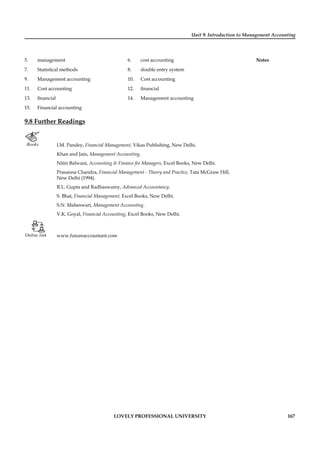 Unit 9: Introduction to Management Accounting
Notes
LOVELY PROFESSIONAL UNIVERSITY 167
5. management 6. cost accounting
7. Statistical methods 8. double entry system
9. Management accounting 10. Cost accounting
11. Cost accounting 12. ﬁnancial
13. ﬁnancial 14. Management accounting
15. Financial accounting
9.8 Further Readings
Books I.M. Pandey, Financial Management, Vikas Publishing, New Delhi.
Khan and Jain, Management Accounting.
Nitin Balwani, Accounting & Finance for Managers, Excel Books, New Delhi.
Prasanna Chandra, Financial Management - Theory and Practice, Tata McGraw Hill,
New Delhi (1994).
R.L. Gupta and Radhaswamy, Advanced Accountancy.
S. Bhat, Financial Management, Excel Books, New Delhi.
S.N. Maheswari, Management Accounting.
V.K. Goyal, Financial Accounting, Excel Books, New Delhi.
Online links www.futureaccountant.com
 
