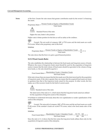 Cost and Management Accounting
Notes
196 LOVELY PROFESSIONAL UNIVERSITY
of the ﬁrm. Greater the ratio means that greater contribution made by the owners’ in ﬁnancing
the assets.
Proprietary Ratio =
Owners' Funds or Equity or Shareholders' Funds
Total Assets
!
Caution Standard Norm of the ratio:
Higher the ratio, better is the position
Higher ratio is better position for the ﬁrm as well as safety to the creditors.
Example: The net worth of company ABC is ` 30 crores and the total assets are worth
` 10 crores. What is the proprietary ratio of the ﬁrm?
Solution:
Proprietary Ratio =
Owners' Funds or Equity or Shareholders' Funds
Total assets
= =
30
3 : 1
10
The ratio shows that the ﬁrm is in quite a good ﬁnancial position.
11.5.3 Fixed Assets Ratio
The ratio establishes the relationship in between the ﬁxed assets and long-term source of funds.
Whatever the source of long-term funds raised should be used for the acquisition of long-term
assets; it means that the total volume of ﬁxed assets should be equivalent to the volume of long-
term funds, i.e. the ratio should be equal to 1.
Fixed Assets Ratio =
Shareholders' Funds + Outsiders' Funds
Net Fixed Assets
If the ratio is lesser than one means that the ﬁrm made use of the short-term fund for the acquisition
of long-term assets. If the ratio is greater than one means that the acquired ﬁxed assets are lesser
in quantum than that of the long-term funds raised for the purpose. In other words, the ﬁrm
makes use of the excessive funds for the built of current assets.
!
Caution Standard norm of the ratio:
The ideal norm of the ratio is 1:1, which means that the long-term funds raised are utilised
for the acquisition of long-term assets of the enterprise.
It facilitates to understand obviously about the over capitalization or under capitalization of the
assets of the enterprise.
Example: The networth of company ABC is ` 30 crores and the net ﬁxed assets are worth
` 100 crores. If the outsider’s funds are worth ` 70 crores, what is the ﬁxed assets ratio of the
ﬁrm?
Solution:
Fixed Assets Ratio =
Shareholders' Funds + Outsiders' Funds
Net Fixed Assets
= = =
30 +70 100
1 : 1
100 100
Since the ratio is 1:1, it shows that the ﬁrm raises the long term funds utilises them only for the
acquisition of long term assets of the enterprise.
 