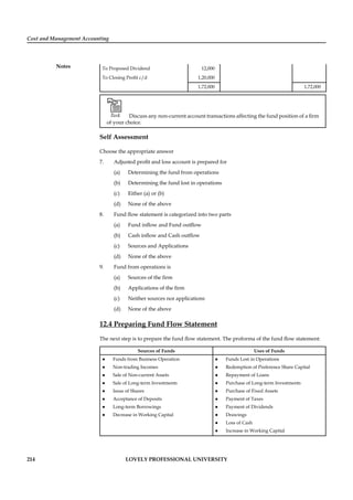 Cost and Management Accounting
Notes
214 LOVELY PROFESSIONAL UNIVERSITY
To Proposed Dividend 12,000
To Closing Proﬁt c/d 1,20,000
1,72,000 1,72,000
Task Discuss any non-current account transactions affecting the fund position of a ﬁrm
of your choice.
Self Assessment
Choose the appropriate answer
7. Adjusted proﬁt and loss account is prepared for
(a) Determining the fund from operations
(b) Determining the fund lost in operations
(c) Either (a) or (b)
(d) None of the above
8. Fund ﬂow statement is categorized into two parts
(a) Fund inﬂow and Fund outﬂow
(b) Cash inﬂow and Cash outﬂow
(c) Sources and Applications
(d) None of the above
9. Fund from operations is
(a) Sources of the ﬁrm
(b) Applications of the ﬁrm
(c) Neither sources nor applications
(d) None of the above
12.4 Preparing Fund Flow Statement
The next step is to prepare the fund ﬂow statement. The proforma of the fund ﬂow statement:
Sources of Funds Uses of Funds
Funds from Business Operation
Non-trading Incomes
Sale of Non-current Assets
Sale of Long-term Investments
Issue of Shares
Acceptance of Deposits
Long-term Borrowings
Decrease in Working Capital
Funds Lost in Operations
Redemption of Preference Share Capital
Repayment of Loans
Purchase of Long-term Investments
Purchase of Fixed Assets
Payment of Taxes
Payment of Dividends
Drawings
Loss of Cash
Increase in Working Capital
 