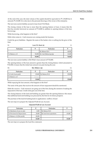 Unit 12: Fund Flow Analysis
Notes
LOVELY PROFESSIONAL UNIVERSITY 219
At the end of the year, the total volume of the capital should be equivalent to ` 1,70,000 but it
amounts ` 1,53,000. It is only due to the personal drawings of the owner of the enterprise.
The next non-current liability account is loan from P.N.B Bank.
The closing volume of the loan is more than the opening balance of loan; it means that the
ﬁrm has recently borrowed an amount of ` 10,000 in addition to opening balance of the loan
borrowings.
While borrowing, what happens in the ﬁrm?
Debit what comes in - Cash resources are coming inside the business.
Credit the giver/liabilities - Register the name of the banker who is nothing but the giver of the
loan.
Dr Loan P.N. Bank A/c Cr
Particulars ` Particulars `
By Balance B/d 40,000
To Balance c/d 50,000 By Cash (Balancing ﬁg) 10,000
50,000 50,000
The next non-current liability is Mr.White’s loan amount of ` 25,000.
The opening balance of the loan amount is greater than the closing balance which amounted to
` 25,000; it means that the initial loan amount was paid during the year.
Dr Mr. White’s A/c Cr
Particulars ` Particulars `
To Cash (Loan paid) 25,000 By Balance B/d 25,000
To Balance c/d -----------
25,000 25,000
While repaying the loan amount, what happens in the ﬁrm?
The name of the party that receives the amount of loan repayment should be mentioned.
Debit the receiver - Cash resources are going out of the ﬁrm during the moment of making the
repayment of the loan. Credit what goes out of the ﬁrm.
The closing balances of the land and building are greater than the opening balances: this means
that additional land and building was procured by the ﬁrm for its future prospects.
The purchase of the land & building leads to applications -outﬂow of fund
The next step is to prepare the Adjusted Proﬁt & Loss Account.
Adjusted Proﬁt & Loss Account
Particulars ` Particulars `
To Machinery (Loss on sale) 2,000 By Balance B/d -----------
To Provision for Depreciation 18,000 By fund from operations 65,000
To Balance c/d (Net proﬁt) 45,000
65,000 65,000
The next step is to prepare the fund ﬂow statement.
 