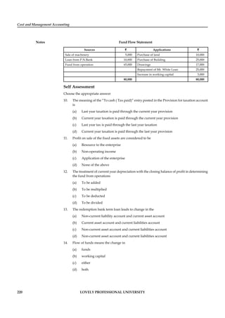 Cost and Management Accounting
Notes
220 LOVELY PROFESSIONAL UNIVERSITY
Fund Flow Statement
Sources `` Applications ``
Sale of machinery 5,000 Purchase of land 10,000
Loan from P.N.Bank 10,000 Purchase of Building 25,000
Fund from operation 65,000 Drawings 17,000
Repayment of Mr. White Loan 25,000
Increase in working capital 3,000
80,000 80,000
Self Assessment
Choose the appropriate answer
10. The meaning of the “To cash ( Tax paid)” entry posted in the Provision for taxation account
is
(a) Last year taxation is paid through the current year provision
(b) Current year taxation is paid through the current year provision
(c) Last year tax is paid through the last year taxation
(d) Current year taxation is paid through the last year provision
11. Proﬁt on sale of the ﬁxed assets are considered to be
(a) Resource to the enterprise
(b) Non-operating income
(c) Application of the enterprise
(d) None of the above
12. The treatment of current year depreciation with the closing balance of proﬁt in determining
the fund from operations
(a) To be added
(b) To be multiplied
(c) To be deducted
(d) To be divided
13. The redemption bank term loan leads to change in the
(a) Non-current liability account and current asset account
(b) Current asset account and current liabilities account
(c) Non-current asset account and current liabilities account
(d) Non-current asset account and current liabilities account
14. Flow of funds means the change in
(a) funds
(b) working capital
(c) either
(d) both
 