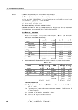 Cost and Management Accounting
Notes
222 LOVELY PROFESSIONAL UNIVERSITY
Fund from Operations: Income generated from only operations.
Fund Lost in Operations: Loss incurred in the operations.
Increase in Working Capital: Increase in Net working capital i.e. Excess of current assets over the
current liabilities- Applications side of the fund ﬂow.
Non-current Assets: Long-term assets.
Non-current Liabilities: Long-term ﬁnancial resources.
Statement of changes in Working Capital: Enlisting the changes taken place in between the
current assets and current liabilities of two different time horizons.
12.7 Review Questions
1. From the following two balance sheet as at December 31, 2004 and 2005. Prepare the
statement of sources and uses of funds.
2004 (`) 2005 (`) 2004 (`) 2005 (`)
Liabilities
Share capital 80,000 90,000
Trade creditors 20,000 46,000
Proﬁt & Loss a/c 4,60,000 5,00,000
Assets
Cash 60,000 94,000
Debtors 2,40,000 2,30,000
Stock in trade 1,60,000 1,80,000
Land 1,00,000 1,32,000
5,60,000 6,36,000 5,60,000 6,36,000
2. Balance sheets of M/s Black and White as on 1-1-2006 and 31-12-2006 were as follows:
Balance Sheet
Liabilities 1-1-2006
(`)
31-12-2006
(`)
Assets 1-1-2006
(`)
31-12-2006
(`)
Creditors 40,000 44,000 Cash 10,000 7,000
Mrs.Whites’Loan 25,000 - Debtors 30,000 50,000
Loan from P.N.Bank 40,000 50,000 Stock 35,000 25,000
Captial 1,25,000 1,53,000 Machinery 80,000 55,000
Land 40,000 50,000
Building 35,000 60,000
2,30,000 2,47,000 2,30,000 2,47,000
Additional Information:
(a) During the year machine costing ` 10,000 (accumulated depreciation ` 3,000) was
sold for ` 5,000.
(b) The provision for depreciation against machinery as on 1-1-2006 was ` 25,000 and on
31-12-2006 ` 40,000.
(c) Net proﬁt for the year 2006 amounted to ` 45,000.
You are required to prepare funds ﬂow statement.
 