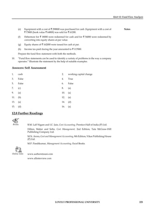 Unit 12: Fund Flow Analysis
Notes
LOVELY PROFESSIONAL UNIVERSITY 225
(e) Equipment with a cost of ` 298800 was purchased for cash .Equipment with a cost of
` 73800 (book value ` 64800) was sold for ` 61200.
(f) Debenture for ` 18000 were redeemed for cash and for ` 54000 were redeemed by
converting into equity shares at par value.
(g) Equity shares of ` 162000 were issued for cash at par.
(h) Income tax paid during the year amounted to ` 117000.
Prepare the fund ﬂow statement with both the methods.
10. “Fund ﬂow statements can be used to identify a variety of problems in the way a company
operates.” Illustrate the statement by the help of suitable examples.
Answers: Self Assessment
1. cash 2. working capital change
3. False 4. True
5. False 6. False
7. (c) 8. (a)
9. (a) 10. (a)
11. (b) 12. (a)
13. (a) 14. (d)
15. (d) 16. (a)
12.8 Further Readings
Books B.M. Lall Nigam and I.C. Jain, Cost Accounting, Prentice-Hall of India (P) Ltd.
Hilton, Maher and Selto, Cost Management, 2nd Edition, Tata McGraw-Hill
Publishing Company Ltd.
M.N. Arora, Cost and Management Accounting, 8th Edition, Vikas Publishing House
(P) Ltd.
M.P. Pandikumar, Management Accounting, Excel Books.
Online links www.authorstream.com
www.allinterview.com
 