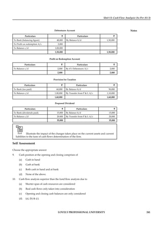 Unit 13: Cash Flow Analysis (As Per AS-3)
Notes
LOVELY PROFESSIONAL UNIVERSITY 241
Debentures Account
Particulars ` Particulars `
To Bank (balancing ﬁgure) 48,000 By Balance b/d 1,50,000
To Proﬁt on redemption A/c 2,000
To Balance c/d 1,00,000
1,50,000 1,50,000
Proﬁt on Redemption Account
Particulars ` Particulars `
To Balance c/d 2,000 By 6% Debentures A/c 2,000
2,000 2,000
Provision for Taxation
Particulars ` Particulars `
To Bank (tax paid) 60,000 By Balance b/d 50,000
To Balance c/d 1.00,000 By Transfer from P & L A/c 1,10,000
1,60,000 1,60,000
Proposed Dividend
Particulars ` Particulars `
To Bank (dividends paid) 15,000 By Balance b/d 15,000
To Balance c/d 20.000 By Transfer from P & L A/c 20,000
35,000 35,000
Task Illustrate the impact of the changes taken place on the current assets and current
liabilities to the tune of cash ﬂows determination of the ﬁrm.
Self Assessment
Choose the appropriate answer
9. Cash position at the opening and closing comprises of
(a) Cash in hand
(b) Cash at bank
(c) Both cash in hand and at bank
(d) None of the above.
10. Cash ﬂow analysis superior than the fund ﬂow analysis due to
(a) Shorter span of cash resources are considered
(b) Real cash ﬂows only taken into consideration
(c) Opening and closing cash balances are only considered
(d) (a), (b) & (c).
 