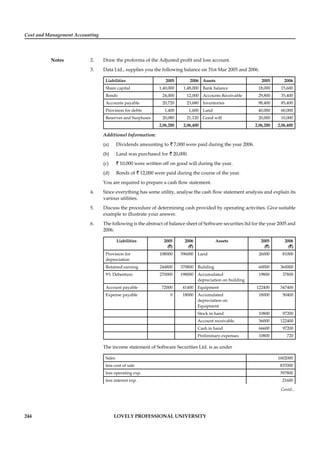 Cost and Management Accounting
Notes
244 LOVELY PROFESSIONAL UNIVERSITY
2. Draw the proforma of the Adjusted proﬁt and loss account.
3. Data Ltd., supplies you the following balance on 31st Mar 2005 and 2006.
Liabilities 2005 2006 Assets 2005 2006
Share capital 1,40,000 1,48,000 Bank balance 18,000 15,600
Bonds 24,000 12,000 Accounts Receivable 29,800 35,400
Accounts payable 20,720 23,680 Inventories 98,400 85,400
Provision for debts 1,400 1,600 Land 40,000 60,000
Reserves and Surpluses 20,080 21,120 Good will 20,000 10,000
2,06,200 2,06,400 2,06,200 2,06,400
Additional Information:
(a) Dividends amounting to ` 7,000 were paid during the year 2006.
(b) Land was purchased for ` 20,000.
(c) ` 10,000 were written off on good will during the year.
(d) Bonds of ` 12,000 were paid during the course of the year.
You are required to prepare a cash ﬂow statement.
4. Since everything has some utility, analyse the cash ﬂow statement analysis and explain its
various utilities.
5. Discuss the procedure of determining cash provided by operating activities. Give suitable
example to illustrate your answer.
6. The following is the abstract of balance sheet of Software securities ltd for the year 2005 and
2006.
Liabilities 2005
(`)
2006
(`)
Assets 2005
(`)
2006
(`)
Provision for
depreciation
108000 396000 Land 26000 81000
Retained earning 244800 370800 Building 60000 360000
9% Debenture 270000 198000 Accumulated
depreciation on building
19800 37800
Account payable 72000 41400 Equipment 122400 347400
Expense payable 0 18000 Accumulated
depreciation on
Equipment
18000 50400
Stock in hand 10800 97200
Account receivable 36000 122400
Cash in hand 66600 97200
Preliminary expenses 10800 720
The income statement of Software Securities Ltd. is as under
Sales 1602000
less cost of sale 837000
less operating exp. 397800
less interest exp. 21600
Contd...
 