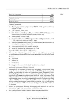Unit 13: Cash Flow Analysis (As Per AS-3)
Notes
LOVELY PROFESSIONAL UNIVERSITY 245
loss on sale of equipments 3600
126000
Net income before tax 342000
Provision of tax 117000
Net Income after tax 225000
Additional Information:
(a) Operating expenses include depreciation of ` 59400 and charges from preliminary
expenses of ` 3600.
(b) Land was sold at its book value.
(c) Cash dividend paid for the year 2006 amounted to ` 27000 and fully paid bonus
shares were given in the ratio of 2 shares for every 3 shares held.
(d) Interest expenses was paid in cash.
(e) Equipment with a cost of ` 298800 was purchased for cash .Equipment with a cost of
` 73800 (book value ` 64800) was sold for ` 61200.
(f) Debenture for ` 18000 were redeemed for cash and for ` 54000 were redeemed by
converting into equity shares at par value.
(g) Equity shares of ` 162000 were issued for cash at par.
(h) Income tax paid during the year amounted to ` 117000.
Prepare the cash ﬂow statement with both the methods.
7. Determine which of the following are added back to [or subtracted from, as appropriate]
the net income ﬁgure (which is found on the Income Statement) to arrive at cash ﬂows from
operations.
(a) Depreciation
(b) Deferred tax
(c) Amortization
(d) Any gains or losses associated with the sale of a non-current asset.
Support your answers with elaborative reasoning.
8. Assume that you are thinking of purchasing a new machine that will allow you to offer a
new product to your customers. The machine will cost ` 100,000 to purchase and install,
and after ﬁve years (when you plan to sell it) the machine will be worth about ` 10,000.
Your facility has plenty of room, so you won’t have any additional rental costs for space,
and you can piggyback advertising for the new product on to your existing advertising
budget. You will, however, have to pay for insurance, personal property taxes, and a part-
time employee to operate the machinery (these items are included in your ﬁxed costs which
will total ` 12,000 in the ﬁrst year). Also, there will be costs for materials, supplies, and
electricity that will vary depending on the volume of production. These variable costs will
amount to about 60 percent of the sales revenues. Develop a projected cash ﬂow statement
for the project.
9. Think of the possible errors that might be committed while developing the cash ﬂow
statements and suggest ways to prevent such mistakes beforehand.
10. Show by example how to prepare a cash ﬂow statement using a balance sheet.
 