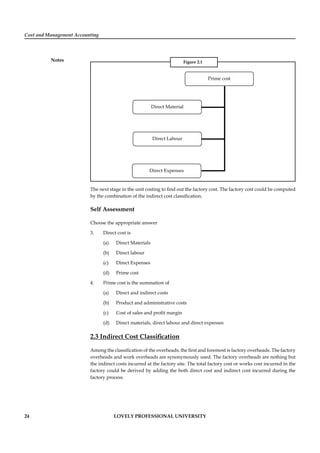 Cost and Management Accounting
Notes
24 LOVELY PROFESSIONAL UNIVERSITY
Figure 2.1
Prime cost
Direct Material
Direct Labour
Direct Expenses
The next stage in the unit costing to ﬁnd out the factory cost. The factory cost could be computed
by the combination of the indirect cost classiﬁcation.
Self Assessment
Choose the appropriate answer
3. Direct cost is
(a) Direct Materials
(b) Direct labour
(c) Direct Expenses
(d) Prime cost
4. Prime cost is the summation of
(a) Direct and indirect costs
(b) Product and administrative costs
(c) Cost of sales and proﬁt margin
(d) Direct materials, direct labour and direct expenses
2.3 Indirect Cost Classiﬁcation
Among the classiﬁcation of the overheads, the ﬁrst and foremost is factory overheads. The factory
overheads and work overheads are synonymously used. The factory overheads are nothing but
the indirect costs incurred at the factory site. The total factory cost or works cost incurred in the
factory could be derived by adding the both direct cost and indirect cost incurred during the
factory process.
 