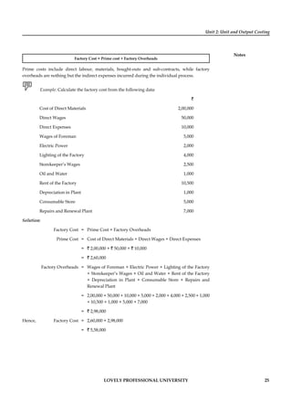 Unit 2: Unit and Output Costing
Notes
LOVELY PROFESSIONAL UNIVERSITY 25
Factory Cost = Prime cost + Factory Overheads
Prime costs include direct labour, materials, bought-outs and sub-contracts, while factory
overheads are nothing but the indirect expenses incurred during the individual process.
Example: Calculate the factory cost from the following data:
`
Cost of Direct Materials 2,00,000
Direct Wages 50,000
Direct Expenses 10,000
Wages of Foreman 5,000
Electric Power 2,000
Lighting of the Factory 4,000
Storekeeper’s Wages 2,500
Oil and Water 1,000
Rent of the Factory 10,500
Depreciation in Plant 1,000
Consumable Store 5,000
Repairs and Renewal Plant 7,000
Solution:
Factory Cost = Prime Cost + Factory Overheads
Prime Cost = Cost of Direct Materials + Direct Wages + Direct Expenses
= ` 2,00,000 + ` 50,000 + ` 10,000
= ` 2,60,000
Factory Overheads = Wages of Foreman + Electric Power + Lighting of the Factory
+ Storekeeper’s Wages + Oil and Water + Rent of the Factory
+ Depreciation in Plant + Consumable Store + Repairs and
Renewal Plant
= 2,00,000 + 50,000 + 10,000 + 5,000 + 2,000 + 4,000 + 2,500 + 1,000
+ 10,500 + 1,000 + 5,000 + 7,000
= ` 2,98,000
Hence, Factory Cost = 2,60,000 + 2,98,000
= ` 5,58,000
 