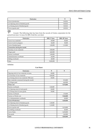 Unit 2: Unit and Output Costing
Notes
LOVELY PROFESSIONAL UNIVERSITY 31
Particulars ``
Cost of production XXXXX
(+) Opening stock of ﬁnished goods XXXXX
(–) Closing stock of ﬁnished goods XXXXX
Cost of goods sold XXXXX
Example: The following data has been from the records of Centre corporation for the
period from June 1 to June 30, 2005, Draft the cost sheet.
Particulars 2005, 1st
June 2005, 30th
June
Cost of raw materials 60,000 50,000
Cost of work in progress 24,000 30,000
Cost of ﬁnished good 1,20,000 1,10,000
Transaction during the month
Purchase of raw materials 9,00,000
Wages paid 4,60,000
Factory overheads 1,84,000
Administration overheads 60,000
Selling overheads 40,000
Sales 18,00,000
Solution:
Cost Sheet
Particulars `` ``
Opening stock of raw materials 1st June 60,000
(+) Purchase of raw materials 9,00,000
(-) Closing stock of raw materials 30th June 50,000
Raw materials consumed during the month 9,10,000
(+) Wages paid 4,60,000
Prime cost 13,70,000
Factory overheads 1,84,000
(+) Opening stock of semi goods 24,000
(-) Closing stock of semi goods 30,000
Factory overheads 1,78,000
Factory or Works cost 15,48,000
(+) Administration overheads 60,000
Cost of Production 16,08,000
(+) Opening stock of ﬁnished goods 1,20,000
(–) Closing stock of ﬁnished goods 1,10,000
Cost of goods sold 16,18,000
(+) Selling overheads 40,000
Cost of Sales 16,58,000
Net proﬁt 1,42,000
Sales 18,00,000
 