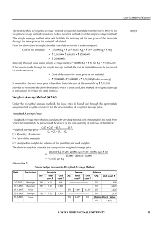 Unit 3: Material Control
Notes
LOVELY PROFESSIONAL UNIVERSITY 51
The next method is weighted average method to issue the materials from the stores. Why is the
weighted average method considered to be a superior method over the simple average method?
This simple average method does not facilitate the recovery of the cost price of the materials
through the issue price of the material calculated.
From the above cited example, ﬁrst the cost of the materials is to be computed.
Cost of the materials = (10,000 Kg × ` 20 +20,000 Kg × ` 30 + 30,000 Kg × ` 40)
= ` 2,00,000+ ` 6,00,000 + ` 12,00,000
= ` 20,00,000/-
Recovery through issue under simple average method = 60,000 Kg × ` 30 per Kg = ` 18,00,000
If the issue is made through the simple average method, the cost of materials cannot be recovered
i.e. under recovery
= Cost of the materials- issue price of the material
= ` 20,00,000 – ` 18,00,000 = ` 2,00,000 (Under recovery)
It means that the total issue price is less than that of the cost of the materials by ` 2,00,000.
In order to overcome the above bottleneck which is associated, the method of weighted average
is introduced to replace the early method.
Weighted Average Method (WAM)
Under the weighted average method, the issue price is found out through the appropriate
assignment of weights considered for the determination of weighted average price.
Weighted Average Price
“Weighted average price which is calculated by dividing the total cost of materials in the stock from
which the materials to be priced could be drawn by the total quantity of materials in that stock.”
Weighted average price
+ +
=
+ +
1 1 2 2 3 3
1 2 3
............
......
n n
n
Q P Q P Q P Q P
Q Q Q Q
Q = Quantity of materials
P = Price of the materials
Q = Assigned as weights i.e. volume of the quantities are used weights
The above example is taken for the computation weighted average price
=
× + × + ×
+ +
(10,000 Kg 20 20,000 Kg 30 30,000 Kg 40)
10,000 20,000 30,000
` ` `
= ` 33.33 per Kg
Illustration 2:
Stores Ledger Account in Weighted Average Method
Date Particulars Receipts Issues Balance
Qty. Total
cost `
Unit
cost `
Qty. Total
cost `
Unit
cost `
Qty. Unit cost `
3-3-2005 Receipts 200 4.00 800 ------------------------- 200 800
10-3-2005 Receipts 300 4.80 1,440 500 2,240
15-3-2005 Issue ---------------- 250 4.48* 1,120 250 1,120
22-3-2005 Receipt 250 5.20 1,300 --------------------------- 500 2,420
29-3-2005 Issue 200 4.84** 968 Closing Stock Value
300 1,452
 
