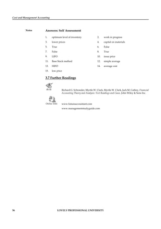 Cost and Management Accounting
Notes
56 LOVELY PROFESSIONAL UNIVERSITY
Answers: Self Assessment
1. optimum level of inventory 2. work in progress
3. lower prices 4. capital on materials
5. True 6. False
7. False 8. True
9. LIFO 10. issue price
11. Base Stock method 12. simple average
13. HIFO 14. average cost
15. low price
3.7 Further Readings
Richard G. Schroeder, Myrtle W. Clark, Myrtle W. Clark, Jack M. Cathey, Financial
Accounting Theory and Analysis: Text Readings and Cases, John Wiley & Sons Inc.
Online links www.futureaccountant.com
www.managementstudyguide.com
 