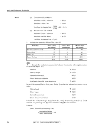 Cost and Management Accounting
Notes
74 LOVELY PROFESSIONAL UNIVERSITY
(b) Direct Labour Cost Method:
Estimated Factory Overheads ` 58,000
Estimated Labour Cost ` 97,800
Overhead Application Rate =
58,000
97,800
× 100 = 59.3%
(c) Machine Hour Rate Method:
Estimated Factory Overheads ` 58,000
Estimated Machine Hours ` 50,500
Overhead Application Rate = ` 1.149
2. Comparative Statement of Cost of Batch No. 488
Particulars Direct Labour
Rate Method
Direct Labour
Cost Method
Machine Hour
Rate Method
Direct Materials Consumed 42 42 42
Direct Labour 45 45 45
Prime Cost 87 87 87
Factory Overhead 12.93 26.68 22.98
99.93 113.68 109.98
Example: The production department of a factory furnishes the following information
for the month of June, 2007.
Material ` 54,000
Director Wages ` 45,000
Labour-hours worked 36,000
Hours of machine operation 30,000
Overheads chargeable to the department ` 36,000
For an order executed by the department during the period, the relevant information was as
under:
Material used ` 6,000
Direct wages ` 3,200
Labour hours worked 3,200
Hours of machine operation 2,400
Calculate the overhead charges chargeable to the job by the following methods: (a) Direct
materials cost percentage rate, (b) Labour hour rate, and (c) Machine hour rate.
Solution:
1. Direct Material Cost Percentage Rate:
=
Overhead expenses
Direct material cost
× 100
 