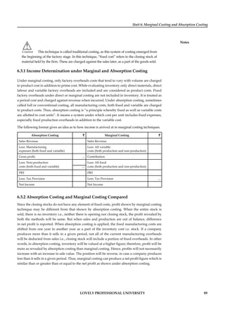 Unit 6: Marginal Costing and Absorption Costing
Notes
LOVELY PROFESSIONAL UNIVERSITY 89
!
Caution This technique is called traditional costing, as this system of costing emerged from
the beginning of the factory stage. In this technique, “ﬁxed cost” refers to the closing stock of
material held by the ﬁrm. These are charged against the sales later, as a part of the goods sold.
6.3.1 Income Determination under Marginal and Absorption Costing
Under marginal costing, only factory overheads costs that tend to vary with volume are charged
to product cost in addition to prime cost. While evaluating inventory only direct materials, direct
labour and variable factory overheads are included and are considered as product costs. Fixed
factory overheads under direct or marginal costing are not included in inventory. It is treated as
a period cost and charged against revenue when incurred. Under absorption costing, sometimes
called full or conventional costing, all manufacturing costs, both ﬁxed and variable are charged
to product costs. Thus, absorption costing is “a principle whereby ﬁxed as well as variable costs
are allotted to cost units”. It means a system under which cost per unit includes ﬁxed expenses,
especially ﬁxed production overheads in addition to the variable cost.
The following format gives an idea as to how income is arrived at in marginal costing techniques.
Absorption Costing ` Marginal Costing `
Sales Revenue Sales Revenue
Less: Manufacturing
expenses (both ﬁxed and variable)
Less: All variable
costs (both production and non-production)
Gross proﬁt. ... Contribution
Less: Non-production Less: All ﬁxed
costs (both ﬁxed and variable) ... costs (both production and non-production)
PBT PBT
Less: Tax Provision Less: Tax Provision ...
Net Income Net Income
6.3.2 Absorption Costing and Marginal Costing Compared
Since the closing stocks do not have any element of ﬁxed costs, proﬁt shown by marginal costing
technique may be different from that shown by absorption costing. When the entire stock is
sold, there is no inventory i.e., neither there is opening nor closing stock, the proﬁt revealed by
both the methods will be same. But when sales and production are out of balance, difference
in net proﬁt is reported. When absorption costing is applied, the ﬁxed manufacturing costs are
shifted from one year to another year as a part of the inventory cost i.e. stock. If a company
produces more than it sells in a given period, not all of the current manufacturing overheads
will be deducted from sales i.e., closing stock will include a portion of ﬁxed overheads. In other
words, in absorption costing, inventory will be valued at a higher ﬁgure; therefore, proﬁt will be
more as revealed by absorption costing than marginal costing. Hence, proﬁts will not necessarily
increase with an increase in sale value. The position will be reverse, in case a company produces
less than it sells in a given period. Thus, marginal costing can produce a net proﬁt ﬁgure which is
similar than or greater than or equal to the net proﬁt as shown under absorption costing.
 
