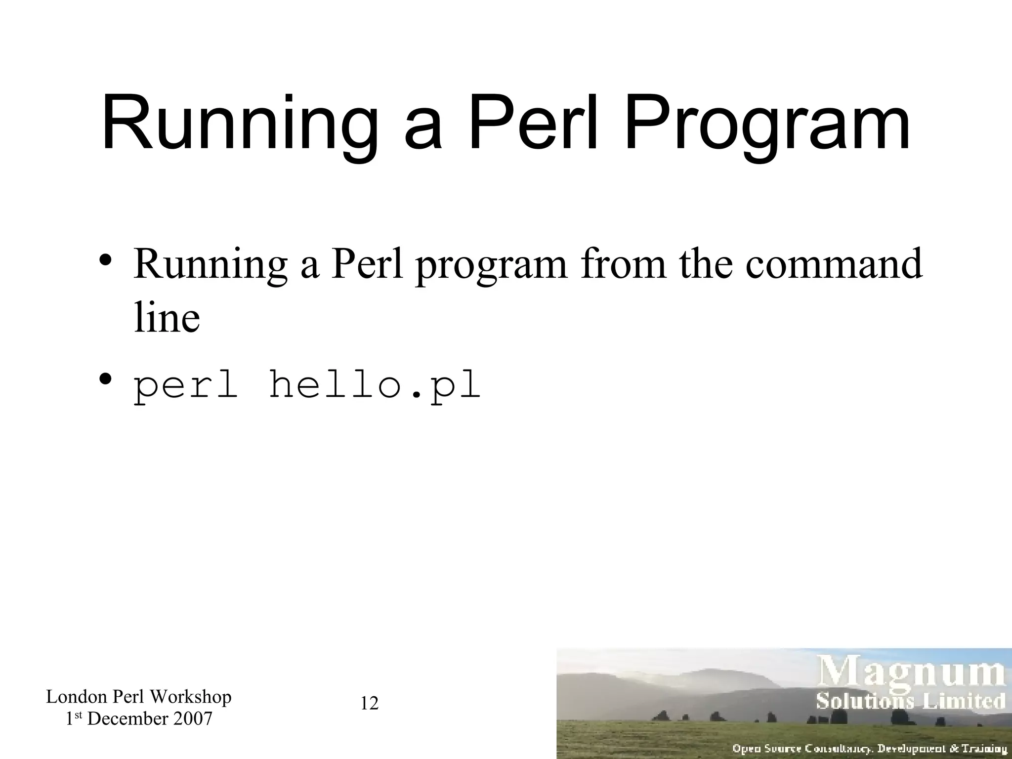 Running a Perl Program Running a Perl program from the command line perl hello.pl 