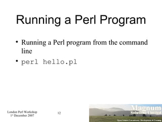 Running a Perl Program Running a Perl program from the command line perl hello.pl 