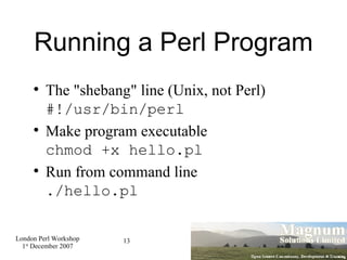 Running a Perl Program The "shebang" line (Unix, not Perl) #!/usr/bin/perl Make program executable chmod +x hello.pl Run from command line ./hello.pl 