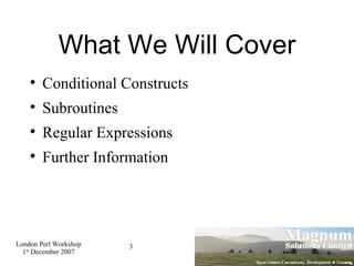 What We Will Cover Conditional Constructs Subroutines Regular Expressions Further Information 