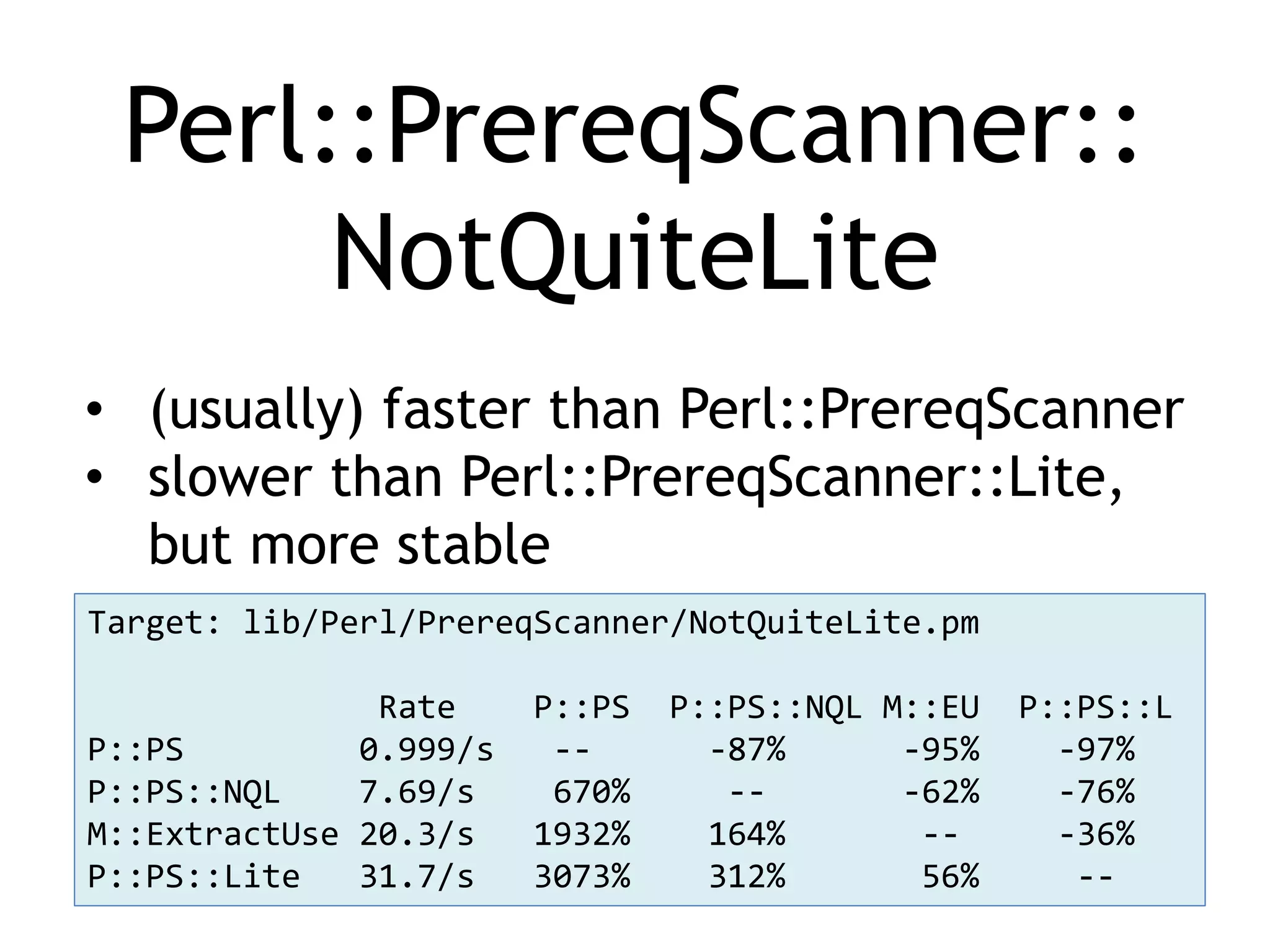 Perl::PrereqScanner:: NotQuiteLite • (usually) faster than Perl::PrereqScanner • slower than Perl::PrereqScanner::Lite, but more stable Target: lib/Perl/PrereqScanner/NotQuiteLite.pm Rate P::PS P::PS::NQL M::EU P::PS::L P::PS 0.999/s -- -87% -95% -97% P::PS::NQL 7.69/s 670% -- -62% -76% M::ExtractUse 20.3/s 1932% 164% -- -36% P::PS::Lite 31.7/s 3073% 312% 56% -- 