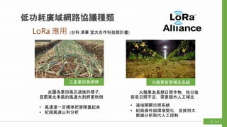 火龍果智慧補光系統三星蔥防風屏障
此圖為蔥田風災過後的樣子，
宜蘭東北季風的風速大到將蔥吹倒
• 風速達一定標準把屏障蓋起來
• 紀錄風速以利分析
火龍果為長期日照作物，秋分後
容易日照不足，需要額外人工補光
• 遠端開關日照系統
• 紀錄操作與環境變化，並使用大
數據分析取代人工控制
(台科 清華 宜大合作科技部計畫)LoRa 應用
低功耗廣域網路協議種類
/116
 