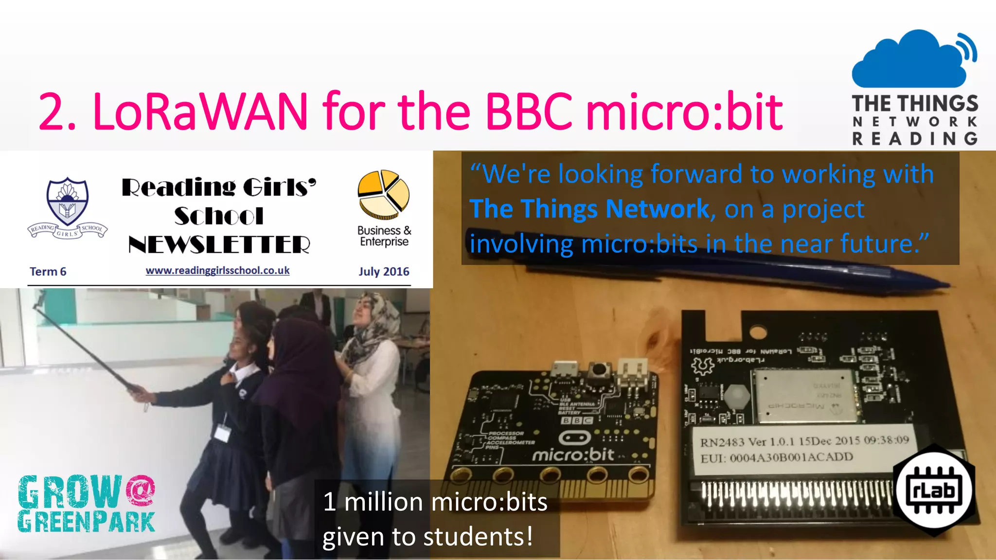 2. LoRaWAN for the BBC micro:bit
“We're looking forward to working with
The Things Network, on a project
involving micro:bits in the near future.”
1 million micro:bits
given to students!
 