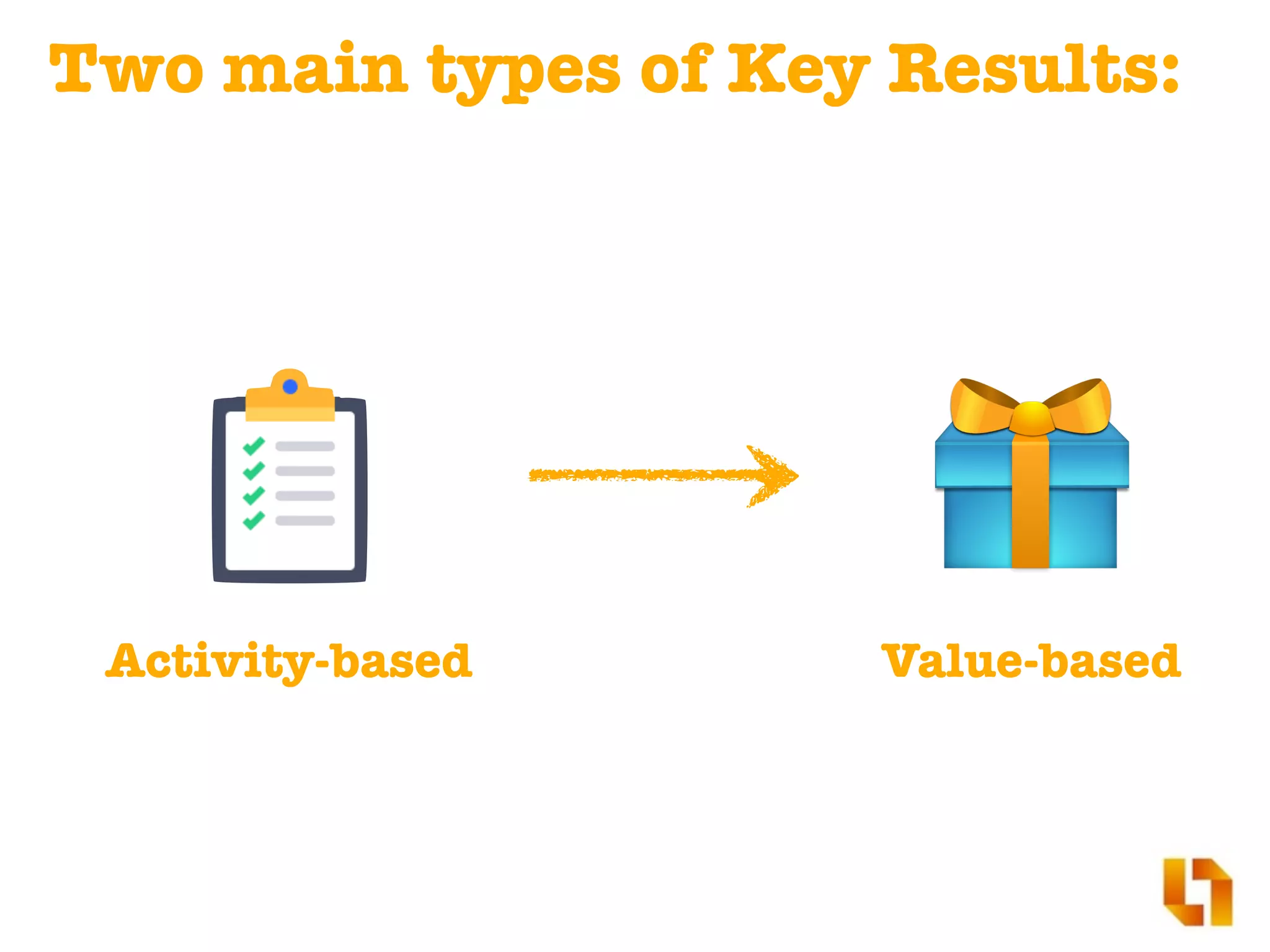 Two main types of Key Results:
Value-basedActivity-based
 