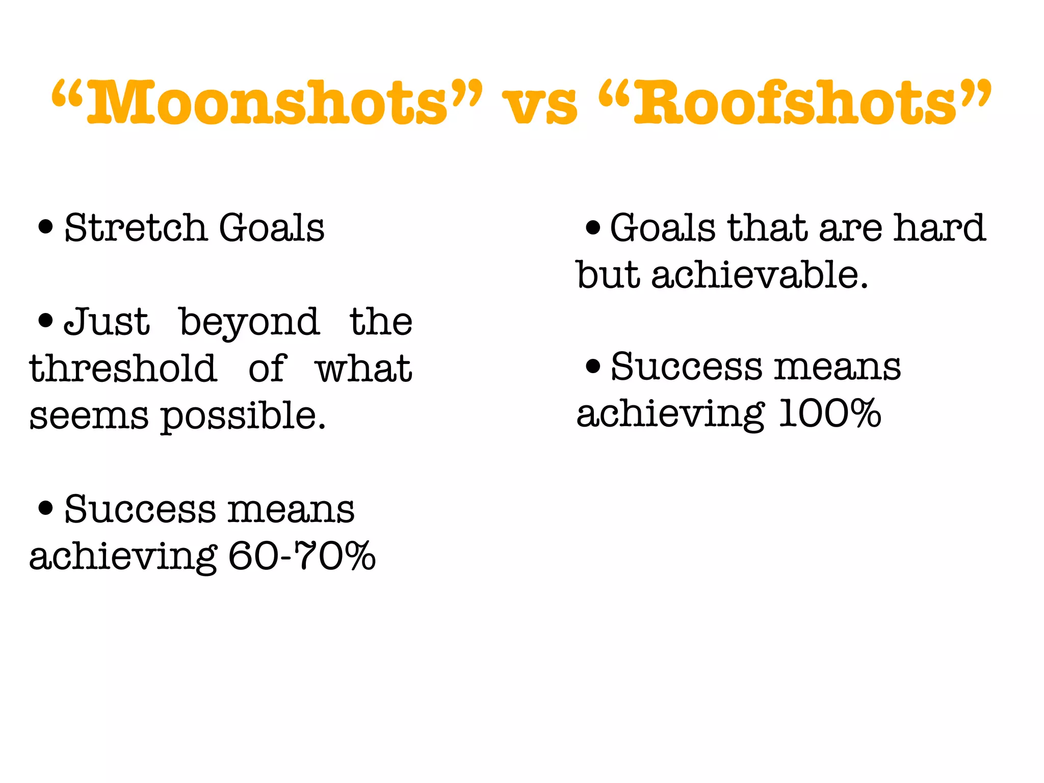 “Moonshots” vs “Roofshots”
•Stretch Goals
•Just beyond the
threshold of what
seems possible.
•Success means
achieving 60-70%
•Goals that are hard
but achievable.
•Success means
achieving 100%
 