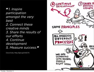“ 1. Inspire
participation
amongst the very
best
2. Connect these
creative minds
3. Share the results of
our eﬀorts
4. Continue
development 
5. Measure success.”
Coca-Cola, http://goo.gl/xtGCTz

image (cc) The Cognitive Media
Thursday, 7 November 13

 